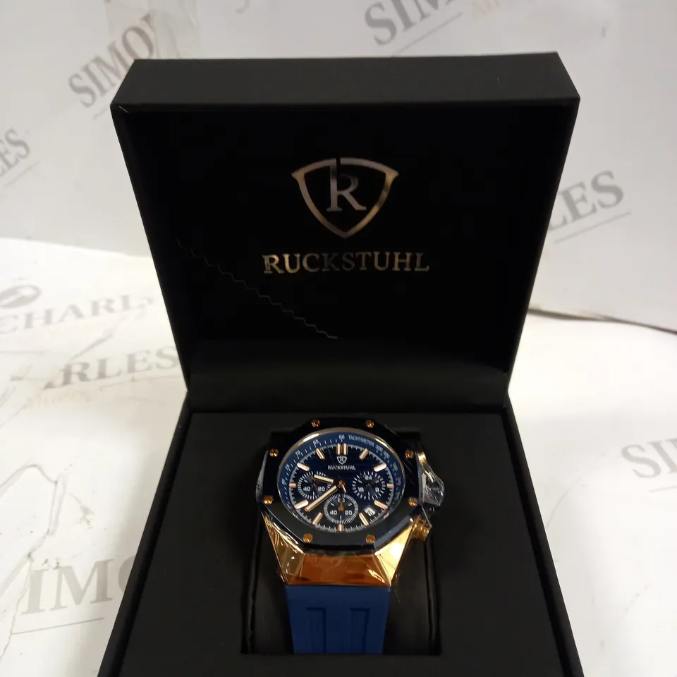 MEN’S RUCKSTUHL CHRONOGRAPH R500 WATCH – GOLD COLOUR CASE – BLUE DIAL – 3ATM WATER RESISTANT - RUBBER STRAP 