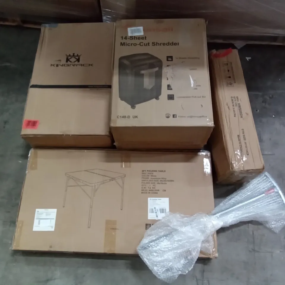 PALLET OF ASSORTED ITEMS INCLUDING 3FT FOLDING TABLE, BONSAII MICRO-CUT SHREDDER, GARDEN RAKE, KING RACK, HOMIDEC DRYING RACK, DIDO AIR FRYER