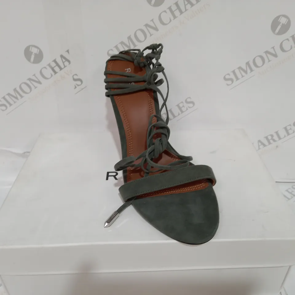 BOXED PAIR OF REISS ZHANE STRAPPY SUEDE HEELS IN GREEN SIZE 6