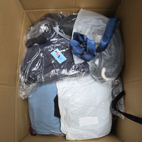 LARGE BOX OF APPROXIMATELY 20 ASSORTED CLOTHING ITEMS IN VARIOUS SIZES, STYLES AND COLOUR