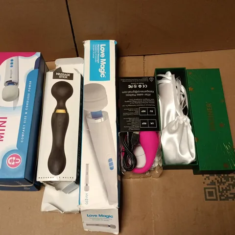 LOT OF 5 ASSORTED BOXED ADULT PLEASURE ITEMS TO INCLUDE MAGICWAND MINI, LOVE MAGIC WAND AND MASSAGE STICK