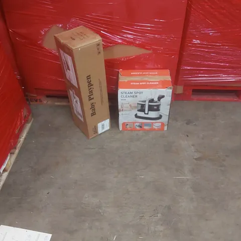 PALLET OF ASSORTED PRODUCTS AND ITEMS TO INCLUDE:STEAM SPOT CLEANER,BABY PLAYPEN.