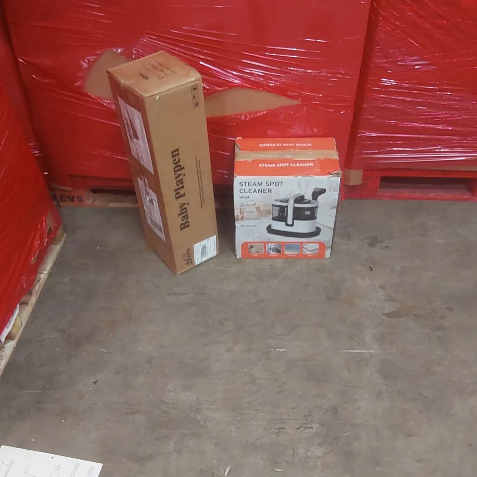 PALLET OF ASSORTED PRODUCTS AND ITEMS TO INCLUDE:STEAM SPOT CLEANER,BABY PLAYPEN.