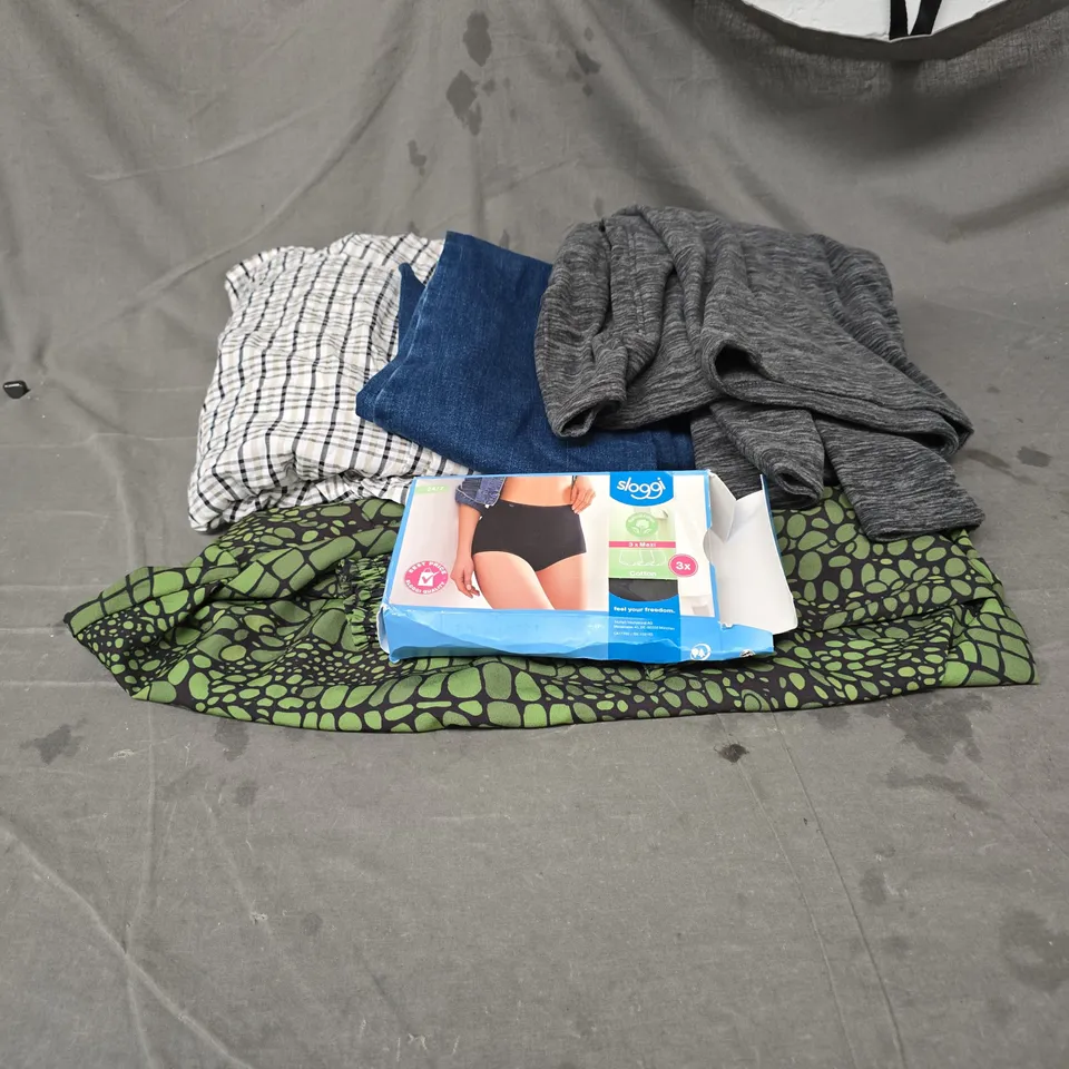 BOX OF APPROXIMATELY 25 ASSORTED CLOTHING ITEMS INCLUDING SLOGGI COTTON BRIEFS, JENERIQUE LARGE GREEN PATTERN TOP, BLUE DENIM JEANS SIZE 10 AND MOUNTAIN WAREHOUSE PATTERN FLEECE TOP XL