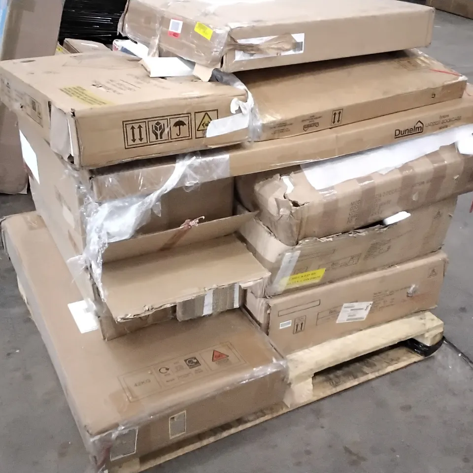 PALLET OF ASSORTED FLATPACK FURNITURE PARTS INCLUDING PARTS FOR LUCAS EXTRA WIDE TV UNIT, LADDER BOOKCASE, 2 DOOR COMBINATION WARDROBE, DINING TABLE BASE