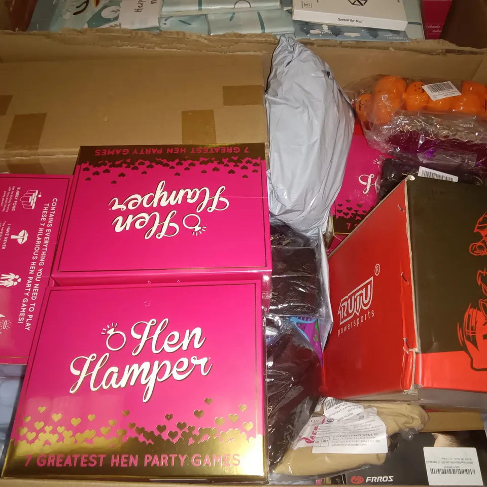 PALLET OF ASSORTED ITEMS TO INCLUDE RITU TYRES, HEN PARTY GAMES AND RUDOLPH PARTY GAMES