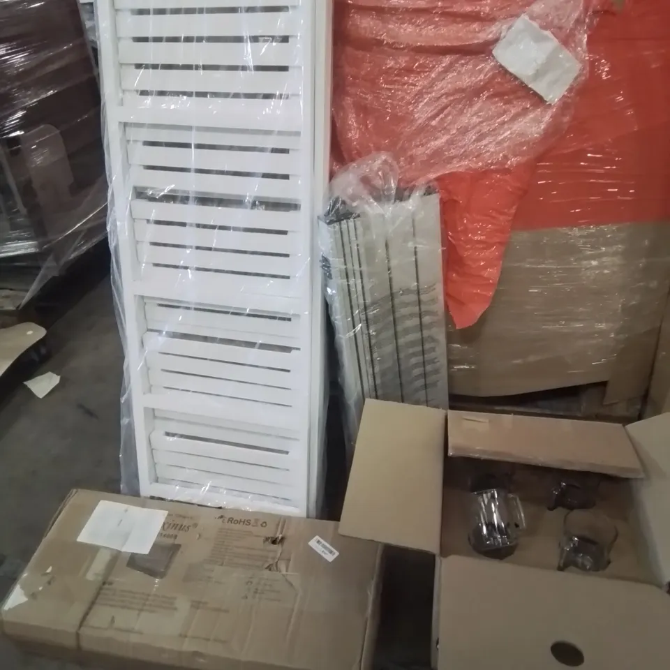 PALLET OF ASSORTED ITEMS TO INCLUDE, RHONE MIRROR, GLASS DINNER SET, FOLDING STAND, ELECTRIC HEATER.