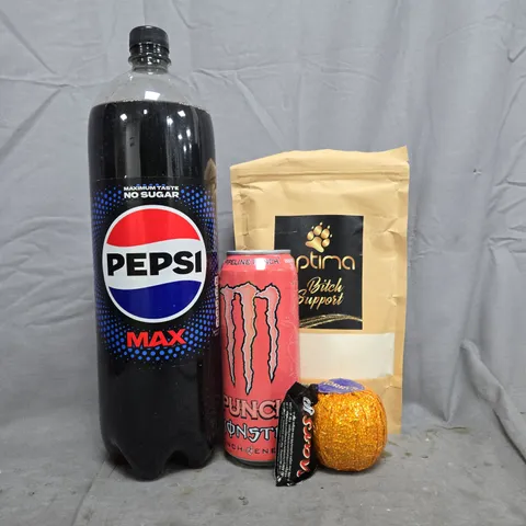 APPROXIMATELY 7 ASSORTED FOOD AND DRINK ITEMS TO INCLUDE PEPSI MAX, MONSTER PUNCH, ETC
