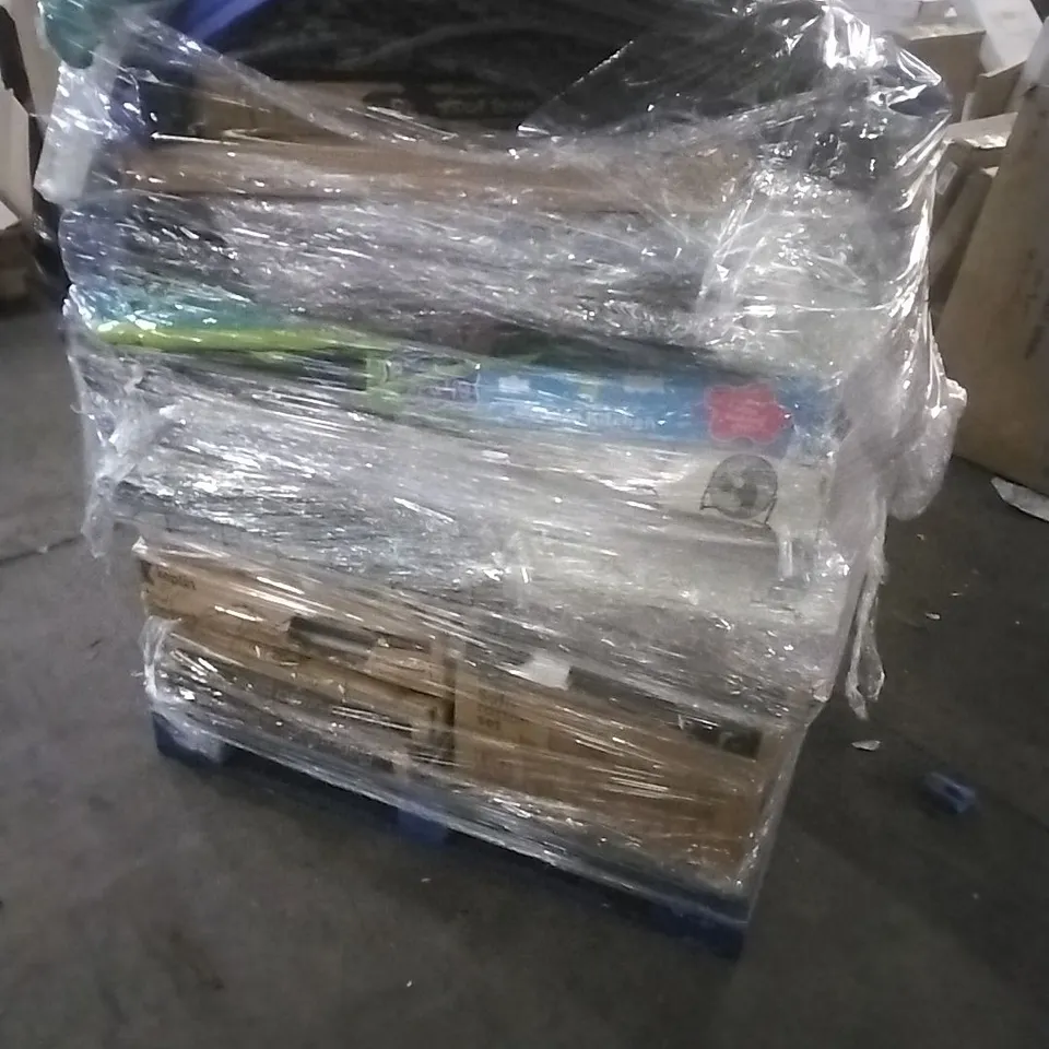 PALLET CONTAINING A LARGE QUANTITY OF ASSORTED HOUSEHOLD GOODS WHICH INCLUDE; PARASOL BASES, 4SEATER RATTAN SET, FANS, YOGA MAT, FOLDING CHAIRS ETC