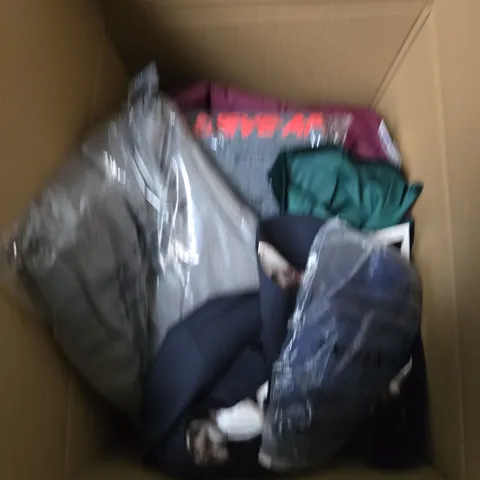 LARGE BOX OF ASSORTED CLOTHING ITEMS IN VARIOUS SIZES, STYLES AND COLOUR 