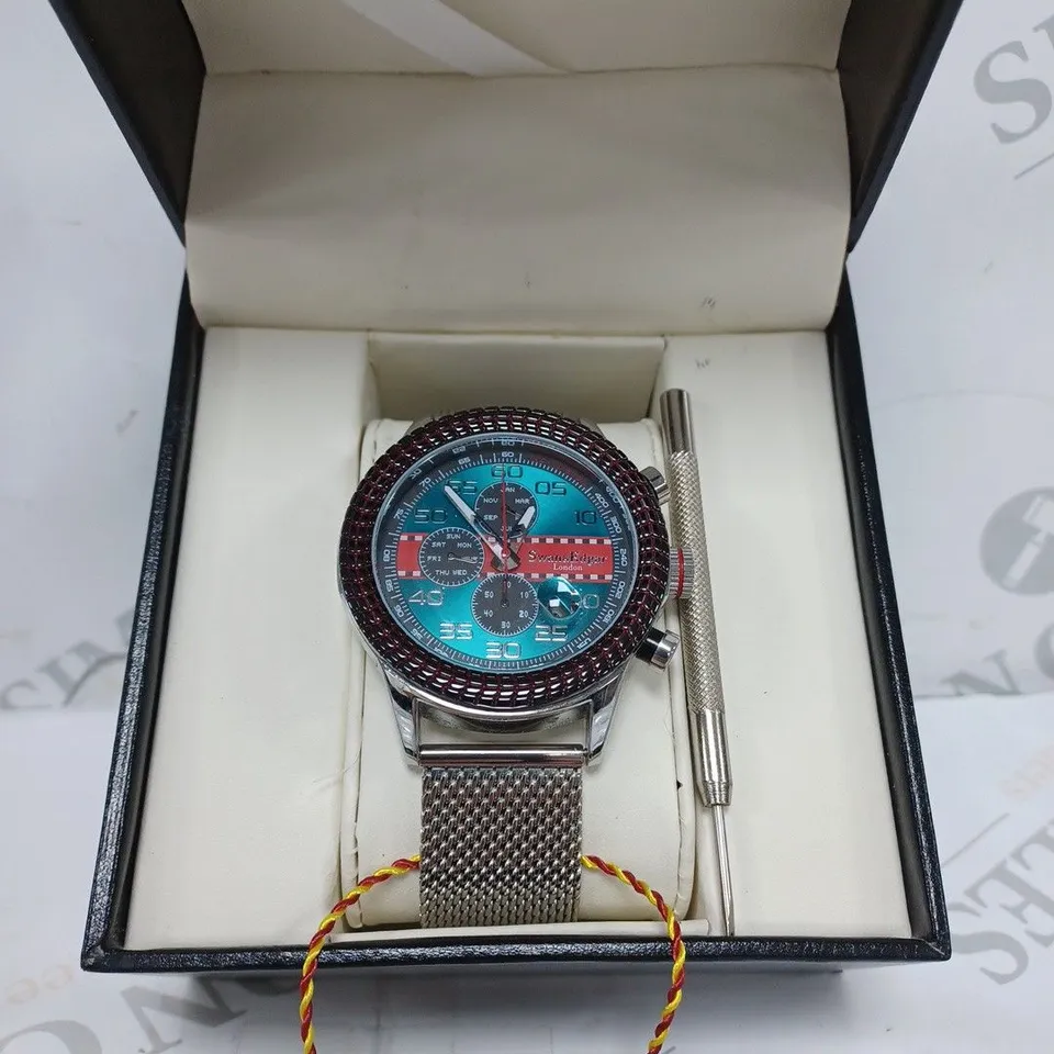 SWAN AND EDGAR RACE LINE SILVER TEAL WATCH WITH CASE