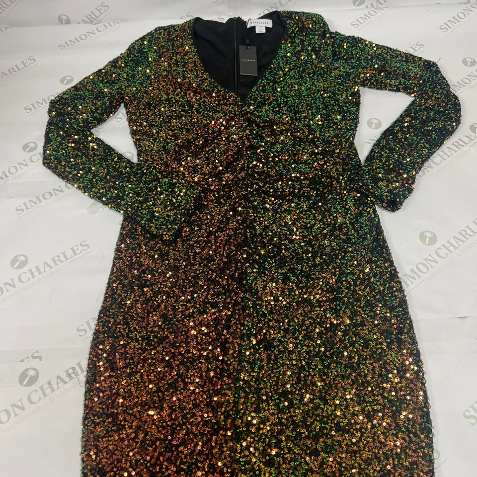 WAREHOUSE SEQUIN RUCHED FRONT MIDI DRESS IN GOLD SIZE M