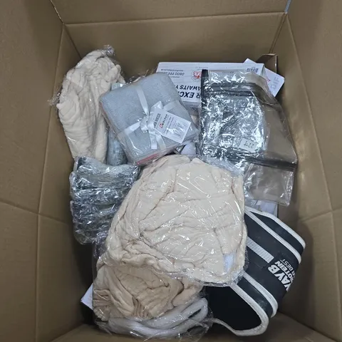 BOX OF APPROXIMATELY 15 ASSORTED HOUSEHOLD ITEMS INCLUDING WAFFLE KITCHEN TOWELS AND ATTEND STRETCH PANTS