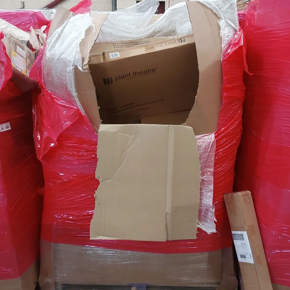PALLET OF ASSORTED HOUSEHOLD ITEMS AND CONSUMER PRODUCTS. INCLUDES; TENT, BABY BATH SEAT, TOILET SEATS, PLANT DISPLAY UNIT, BOXED FURNITURE ETC 