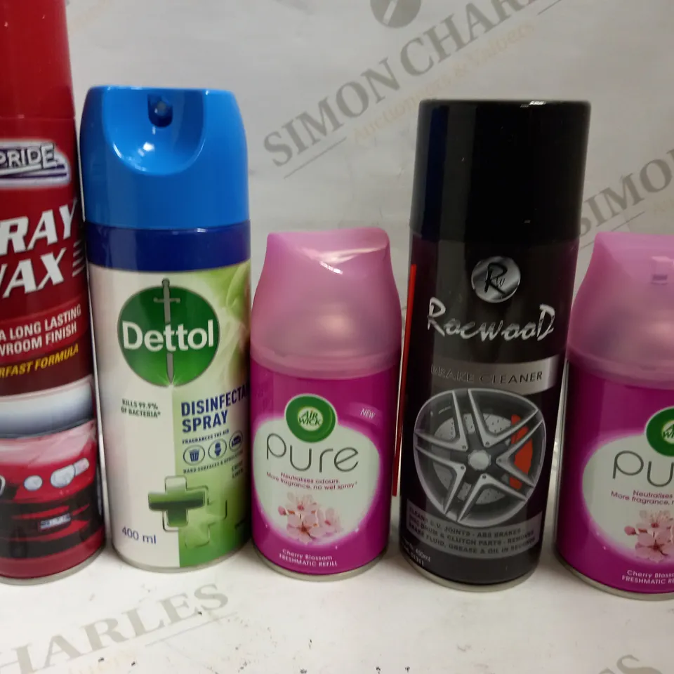 BOX OF APPROX 15 ASSORTED AEROSOLS INCLUDING DETTOL DISINFECTANT SPRAY, AIRWICK PURE AIR FRESHENER AND CARPRIDE SPRAY WAX - COLLECTION ONLY