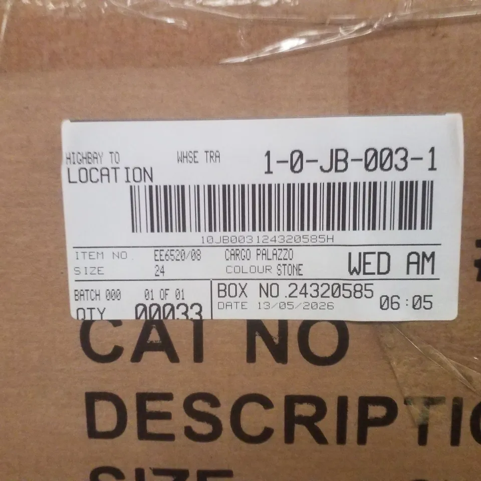 BOX CONTAINING APPROXIMATELY 33X BRAND NEW JD WILLIAM'S CARGO PALAZZO - COLOUR STONE - SIZE 24