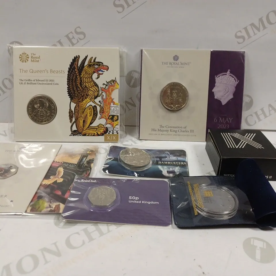 BOX TO CONTAIN APPROX. 7 X ASSORTED COLLECTORS & COMMEMORATIVE COINS. DESIGNS VARY 