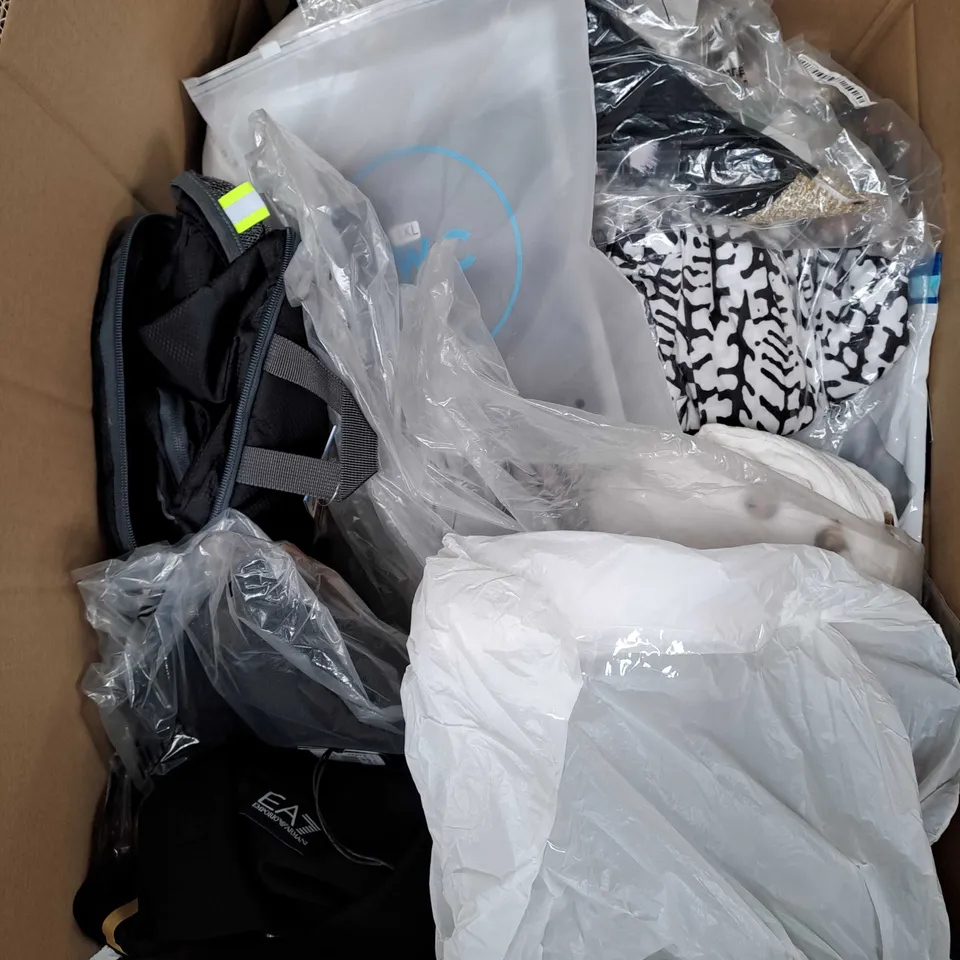 BOX OF APPROXIMATELY 25 ASSORTED CLOTHING ITEMS TO INCLUDE - JACKET, JOGGERS, SWIMWEAR ETC