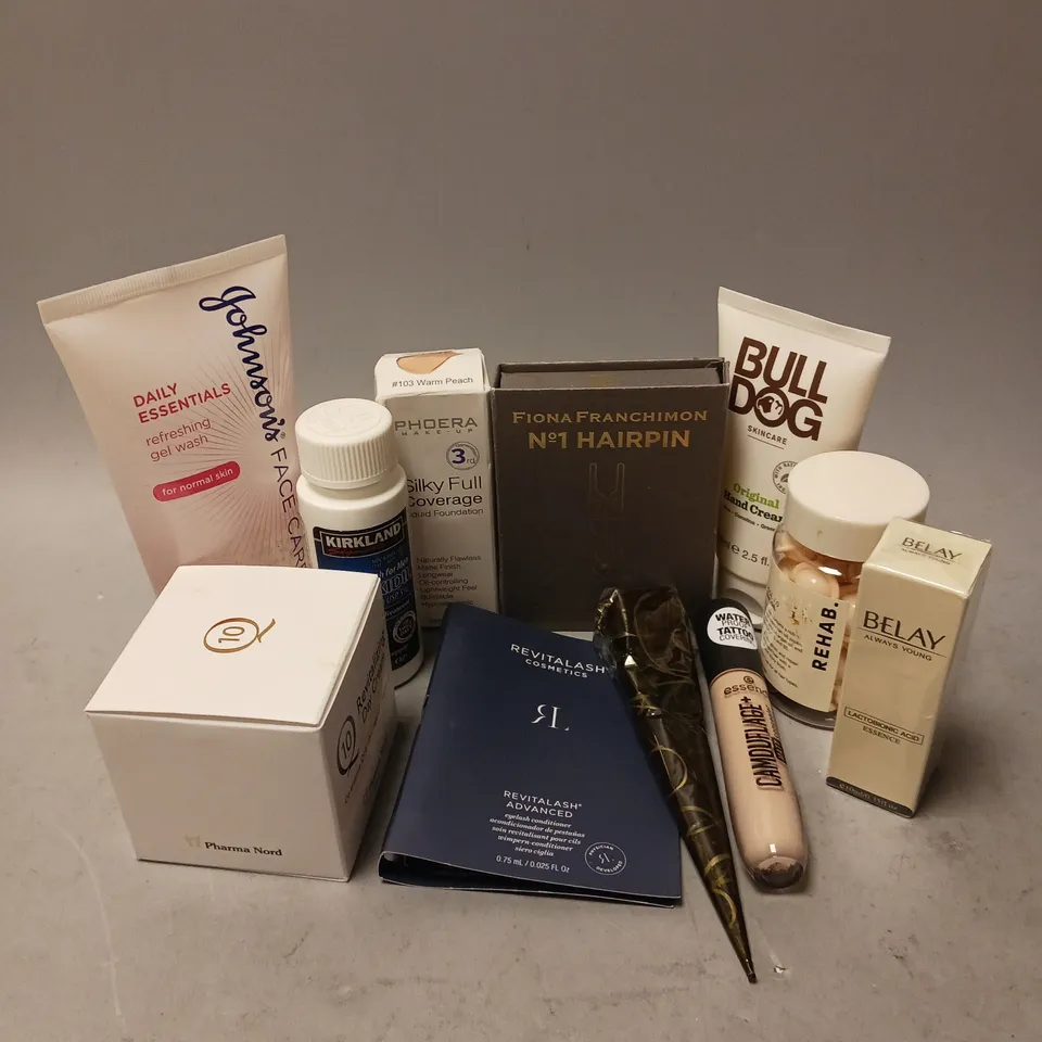 BOX OF APPROXIMATELY 10 COSMETIC ITEMS TO INCLUDE - REHAB DOSE 1.0 HAIR OIL - FIONA FRANCHIMON HAIRPINS - Q10 REVITALISING DAY CREAM - ETC