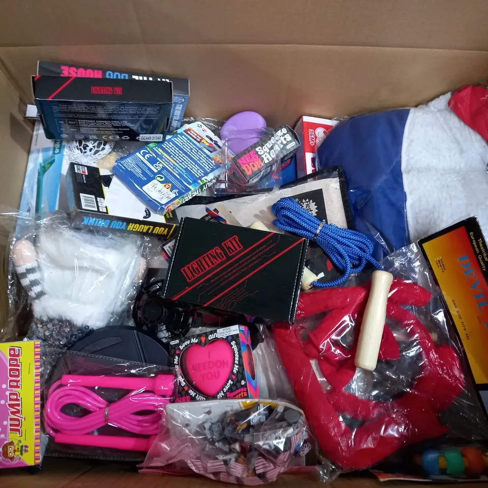 BOX OF APPROX 15 ASSORTED TOYS TO INCLUDE - SMIFFYS VICTORIAN SCHOOL GIRL COSTUME - NEEDOH SQUISHIE - UNBRANDED CONSOLE CONTROLLER ECT