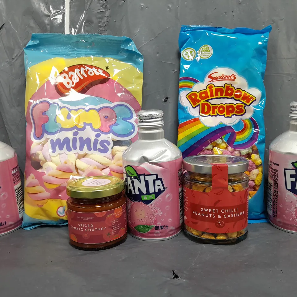 APPROXIMATELY 10 ASSORTED FOOD/DRINK PRODUCTS TO INCLUDE FANTA, SPICED TOMATO CHUTNEY, RAINBOW DROPS, ETC