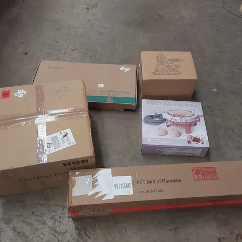 PALLET OF ASSORTED ITEMS INCLUDING: CEILING FAN, SHOWER SYSTEM, ORBITAL SANDER, KNITTING MACHINE ECT