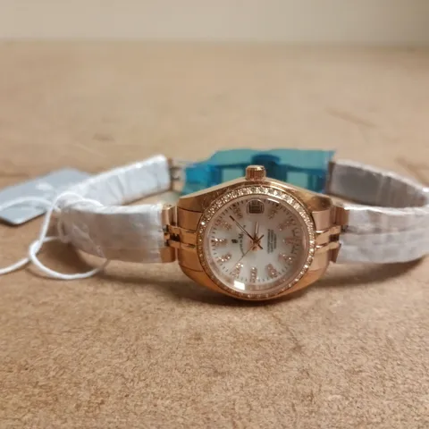 JACQUES DU MANOIR SWISS MADE LADIES' ROSE GOLD TONE WATCH WITH DIAMOND BEZEL – BOXED