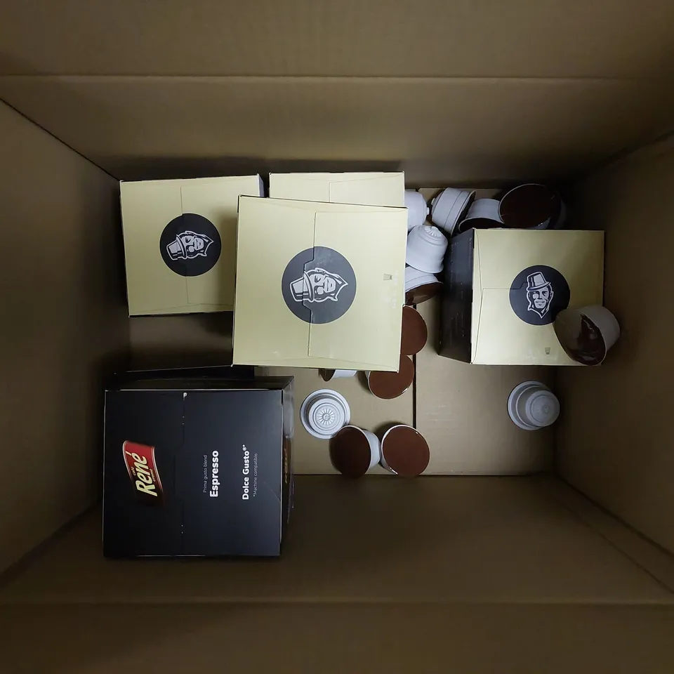 BOX OF APPROX 10 ITEMS TO INCLUDE RENE ESPRESSO PODS, KAFFEKAPSLEN LATTE MACCHIATO PODS, SENSO NO TURNO LATTE CREME BRULEE