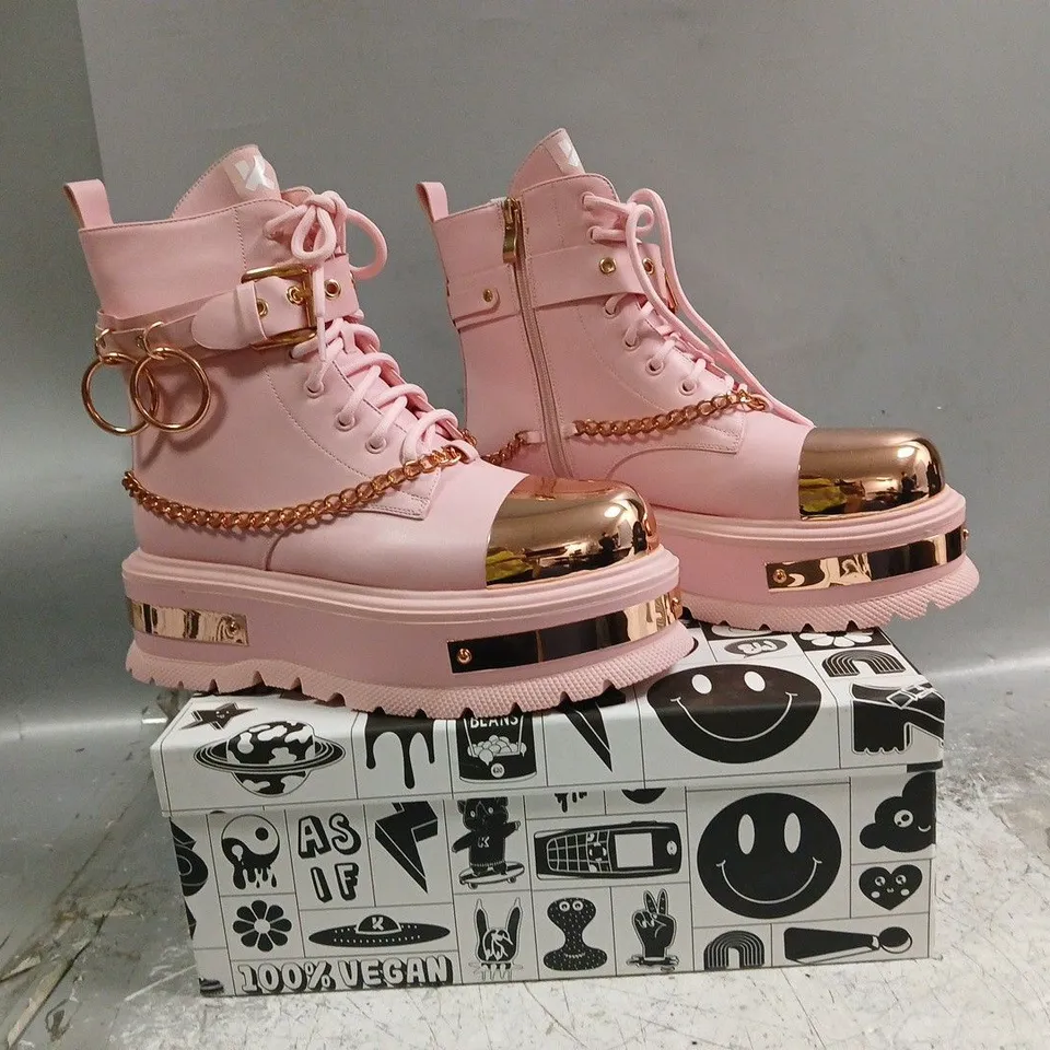 BOXED PAIR OF KOI ROSE GOLD BORIN HARDWARE PLATFORM BOOTS IN PINK/ROSE GOLD SIZE UK 6