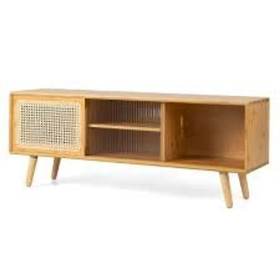 BOXED COSTWAY MID CENTURY MODERN TV STAND FOR TVS UP TO 55" BAMBOO ENTERTAINMENT CENTER (1 BOX)