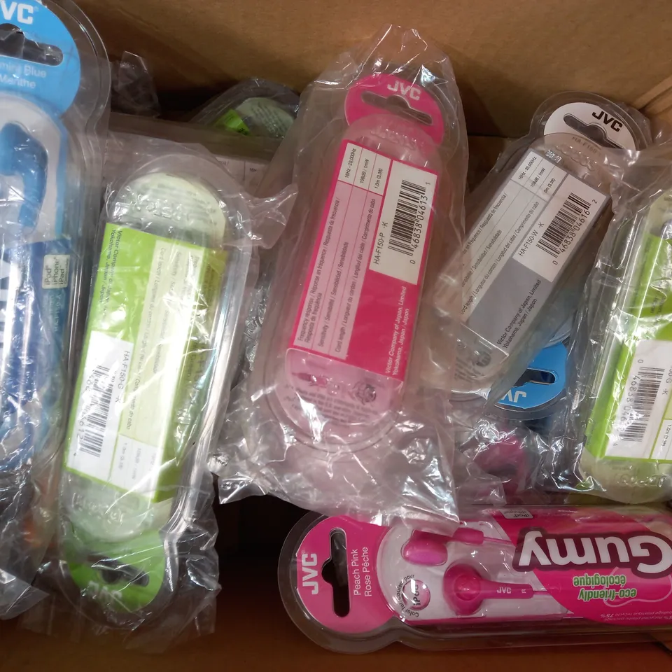 BOX OF APPROXIMATELY 20 ASSORTED JVC GUMY STEREO HEADPHONES IN VARIOUS COLOURS