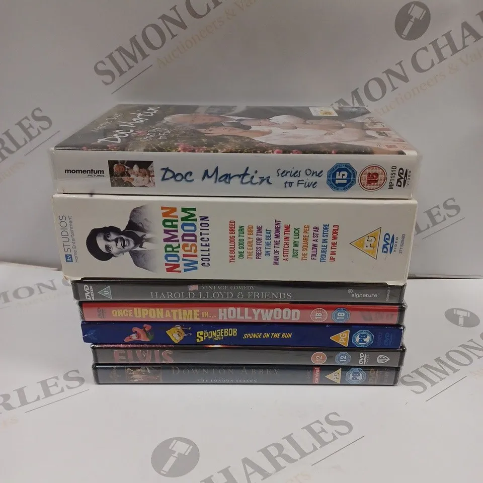 BOX OF APPROX 8 DVD'S TO INCLUDE ELVIS, THE SPONGEBOB MOVIE SPONGE ON THE RUN, ONCE UPON A TIME IN HOLLYWOOD, ETC. 