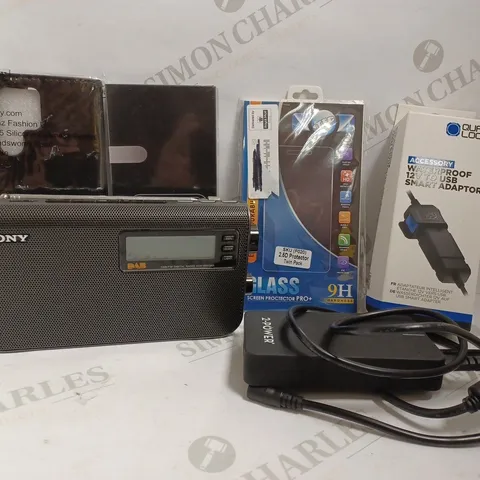 BOX OF APPROX 15 ITEMS INCLUDING SONY DAB RADIO, UNIVERSAL LAPTOP CHARGER AND PHONE CASES