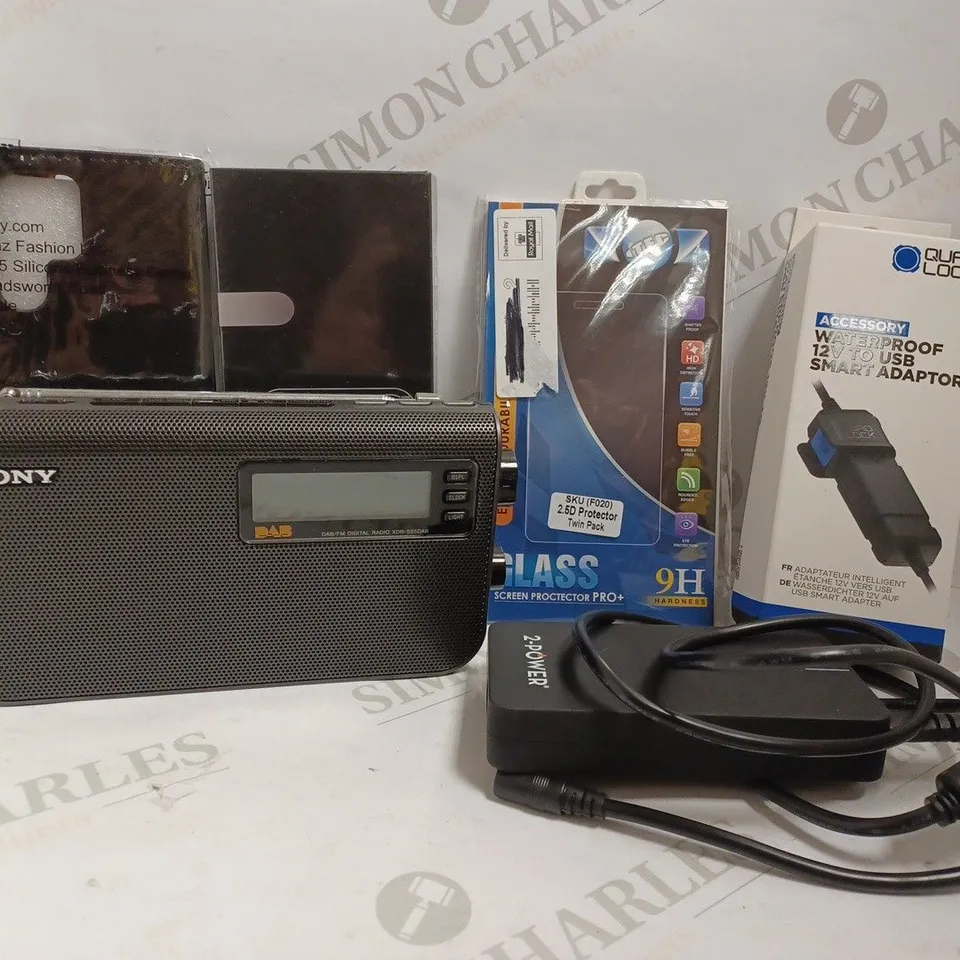 BOX OF APPROX 15 ITEMS INCLUDING SONY DAB RADIO, UNIVERSAL LAPTOP CHARGER AND PHONE CASES