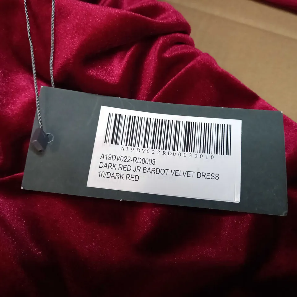 SOSANDER DARK RED JR BARDOT VELVET DRESS - SIZE 10