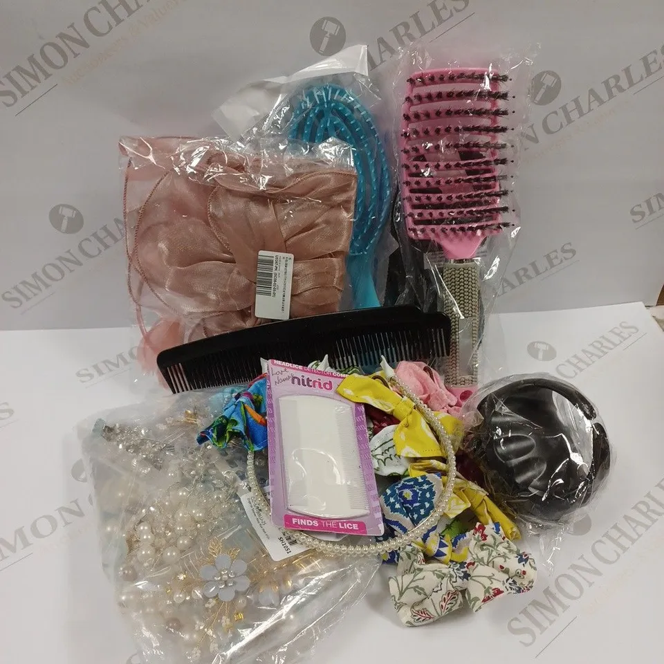 APPROXIMATELY 20 ASSORTED HAIR ACCESSORIES TO INCLUDE HAIRBANDS, CLIPS, BRUSHES, SCRUNCHIES ETC.   