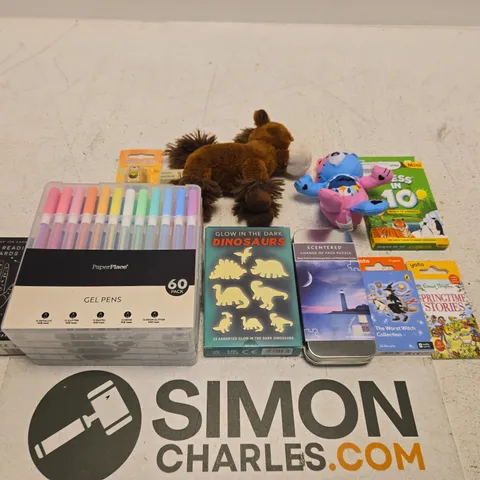 LARGE QUANTITY OF TOYS AND ACCESSORIES TO INCLUDE; YOTO STORIES, GUESS IN 10, SOFT TOYS, PAPER PLACE GEL PENS, GLOW IN THE DARK DINOSAUR AND PALM READING CARDS