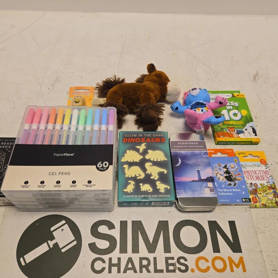 LARGE QUANTITY OF TOYS AND ACCESSORIES TO INCLUDE; YOTO STORIES, GUESS IN 10, SOFT TOYS, PAPER PLACE GEL PENS, GLOW IN THE DARK DINOSAUR AND PALM READING CARDS