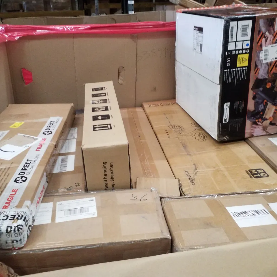PALLET CONTAINING ASSORTED PRODUCTS INCLUDING 32" LED TV, TV STAND WITH  MOUNT, OFFICE CHAIR & AIR FRYER