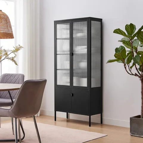BOXED NATINAL TALL BOY METAL & FLUTED GLASS DISPLAY CABINET - SLEEK MODERN DESIGN 