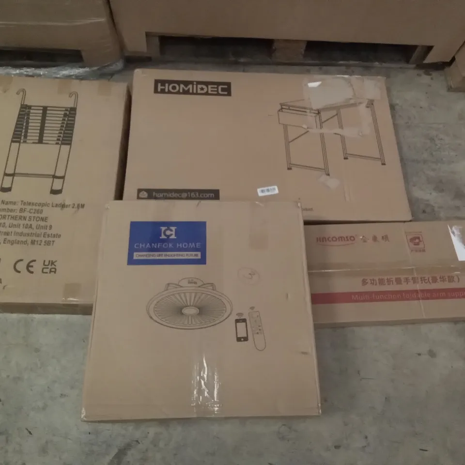 PALLET OF ASSORTED ITEMS INCLUDING TELESCOPIC LADDER 2.6M, CHANFOK HOME CEILING FAN, HOMIDEC DESK, MULTIFUNCTION FOLDABLE ARM SUPPORT, WHITE CHRISTMAS TREE, COSVALVE FOOD PROCESSOR 
