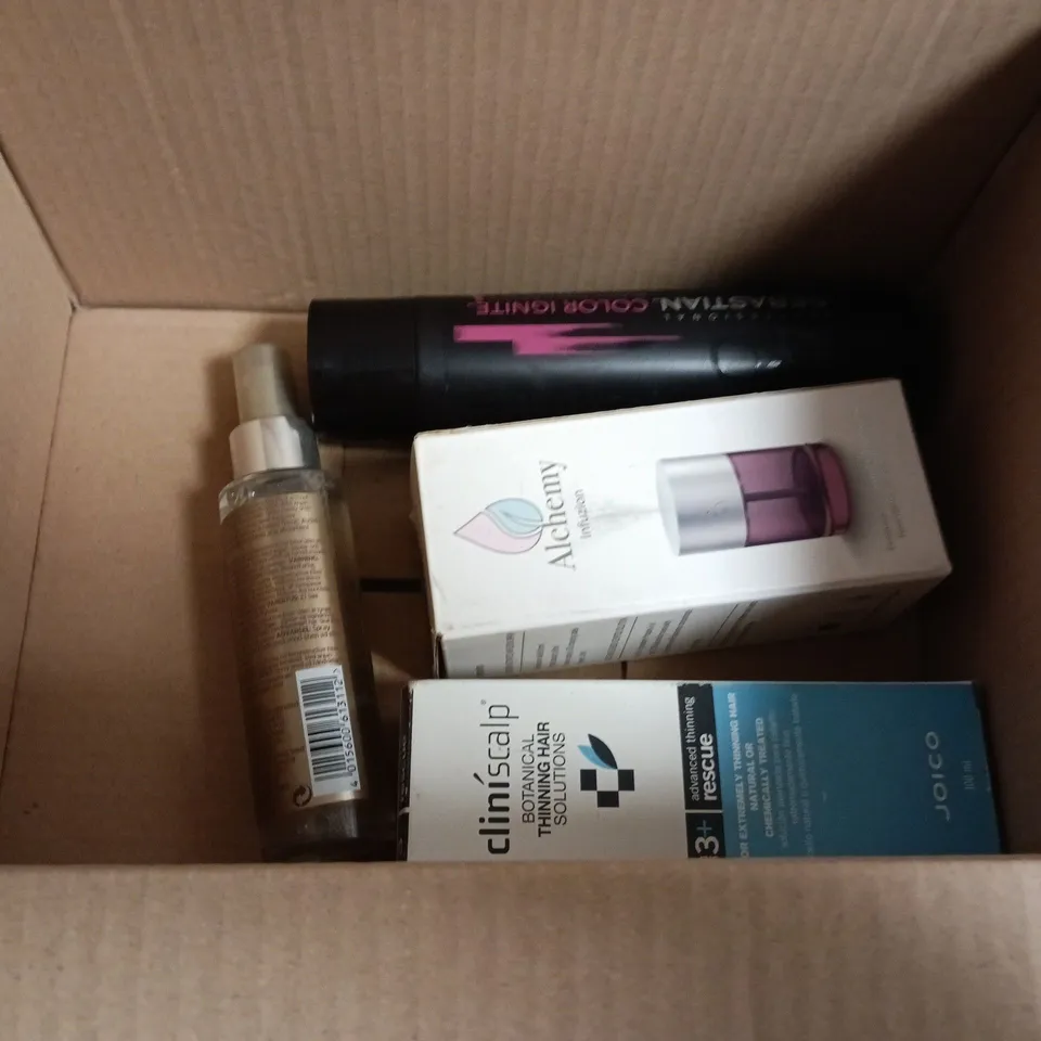 BOX OF APPROXIMATELY 9 ASSORTED BEAUTY PRODUCTS TO INCLUDE EPRES BOND REPAIR TREATMENT, SCHWARZKOPF TIME RESTORE SPRAY AND LABEL.M CURL DEFINE FOAM