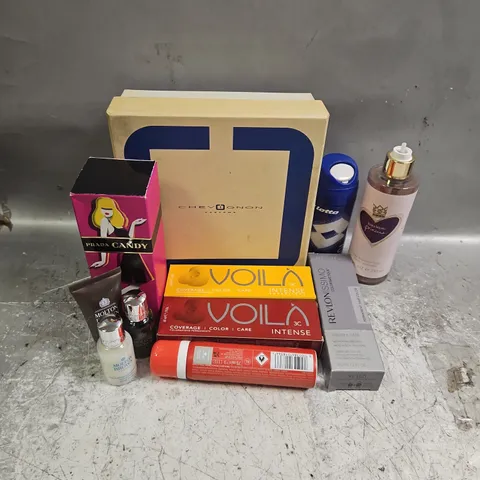 BOX OF APPROXIMATELY 20 ASSORTED COSMETIC PRODUCTS TO INCLUDE - VOILA PERMANENT HAIR COLOUR - PRADA CANDY SHOWER GEL - MOLTON BROWN BODY LOTION - ETC