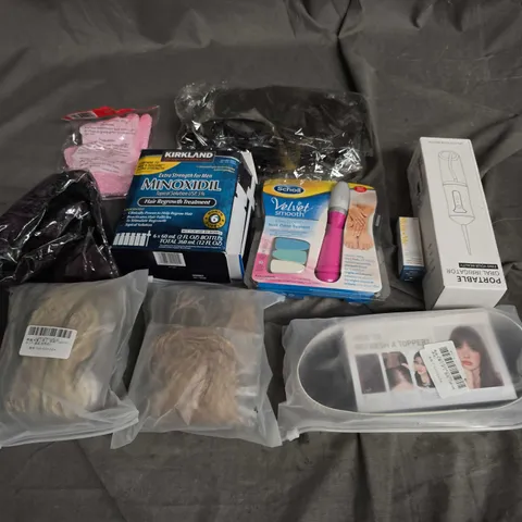 APPROXIMATELY 8 ASSORTED HEALTH & BEAUTY PRODUCTS TO INCLUDE WIGS, MINOXIDIL, AND NAIL CARE SET ETC.