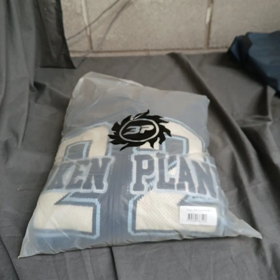 VARSITY KNIT ZIP UP HOODIE WITH BLUE GRAPHIC PRINT  - SIZE XL 