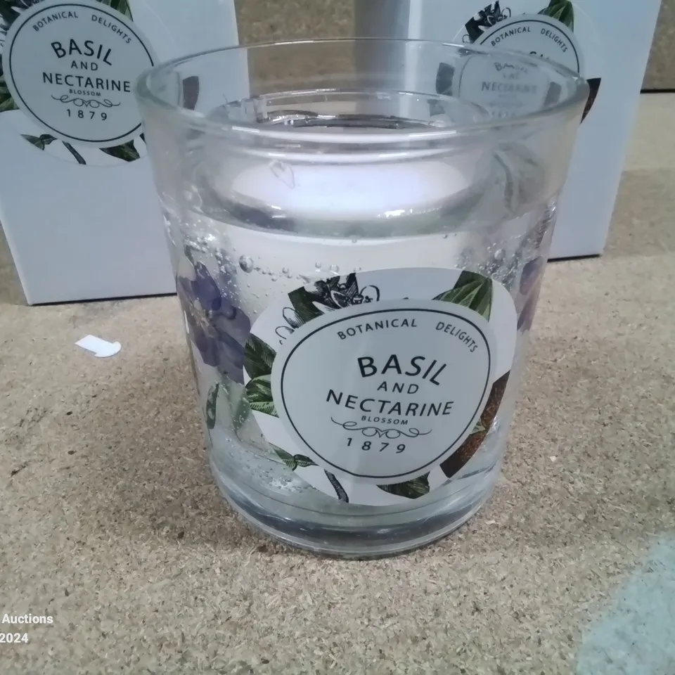 BOX CONTAINING 4 BOTANICAL DELIGHTS BASIL AND NECTARINE FLORAL GLASS CANDLES 