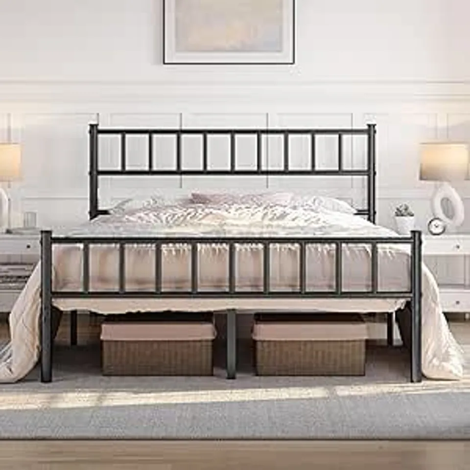 BOXED YAHEETECH MODERN DOUBLE METAL BED FRAME WITH HEADBOARD SLATTED FRAME- BLACK (1 BOX)