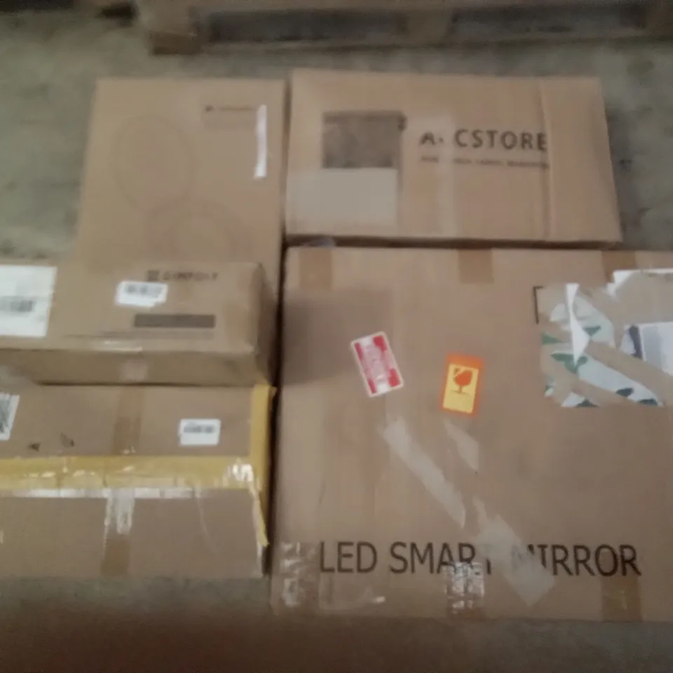 PALLET OF ASSORTED ITEMS INCLUDING ACCSTORE NON WOVEN FABRIC WARDROBE, LED SMART MIRROR, NAVARIS TOILET SEAT, SIMPDIY SHOE BOXES, HURRICANE CANDLE HOLDER, DRIPEX VANITY MIRROR 