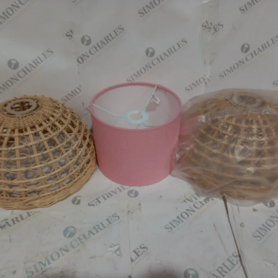 BOX OF 3 ASSORTED LAMP SHADED TO INCLUDE PINK AND WICKER 