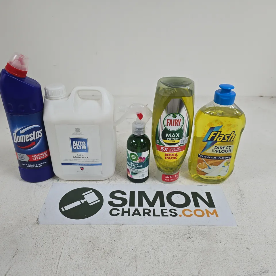 ASSORTED HOUSEHOLD CLEANING PRODUCTS – DOMESTOS, AUTOGLYM RAPID AQUA WAX, FAIRY MAX POWER, FLASH DIRECT FLOOR 